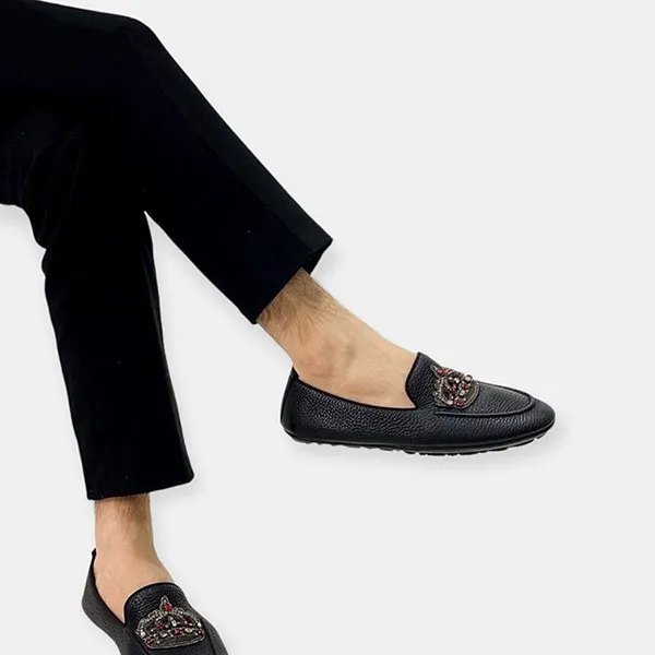 Giày Lười Nam Dolce & Gabbana D&G Crown Logo Embellished Loafers Màu Đen Họa Tiết