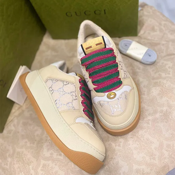 Giày Thể Thao Gucci Screener GG Leather-Trimmed Canvas Sneakers Màu Kem - 3