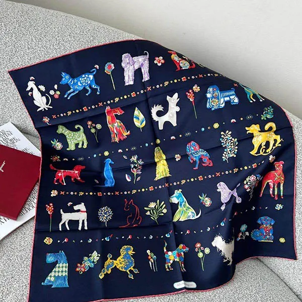 Khăn Nữ Salvatore Ferragamo Zodiac 2018 Year of the Dog Silk Scarf 70 x 70cm Màu Xanh Họa Tiết - Thời trang - Vua Hàng Hiệu