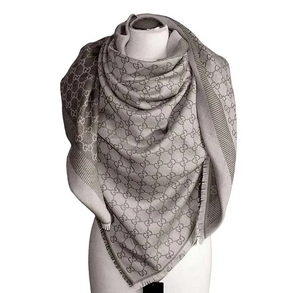 Khăn Quàng Cổ Gucci Scarf Shawl GG Guccissima 140x140cm Wool Silk 281942 Màu Xám