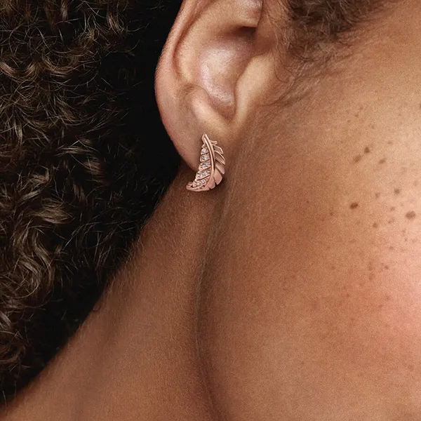 Khuyên Tai Nữ Pandora Floating Curved Feather Stud Earrings 282574C01 Màu Vàng Hồng
