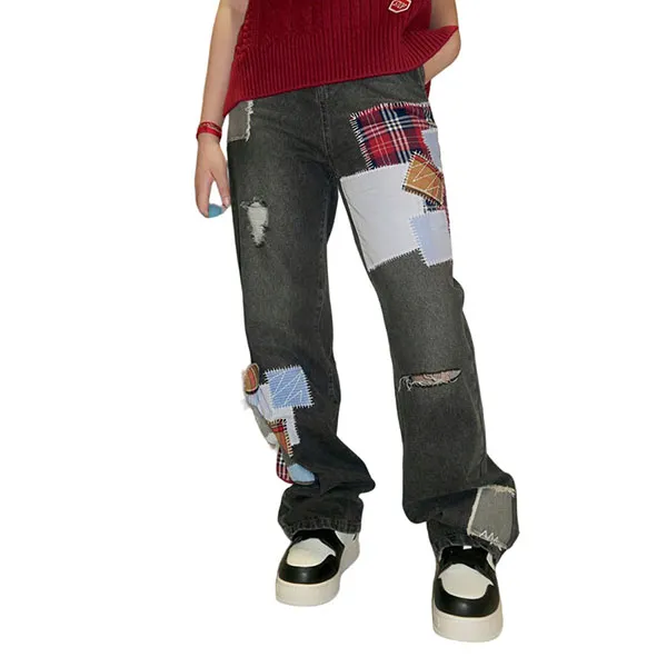 Quần Jean Nữ 13 De Marzo Black Denim Bear Plaid Patch FR0065-0010 Màu Đen