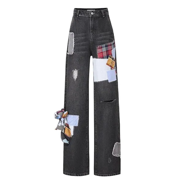 Quần Jean Nữ 13 De Marzo Black Denim Bear Plaid Patch FR0065-0010 Màu Đen