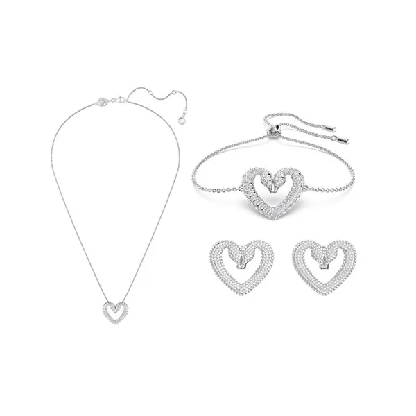 Set Dây Chuyền + Vòng Đeo Tay + Khuyên Tai Nữ Swarovski Una Pendant Heart, Small, White, Rhodium Plated 5625533, 5625534, 5626172 Màu Trắng Bạc - Trang sức - Vua Hàng Hiệu