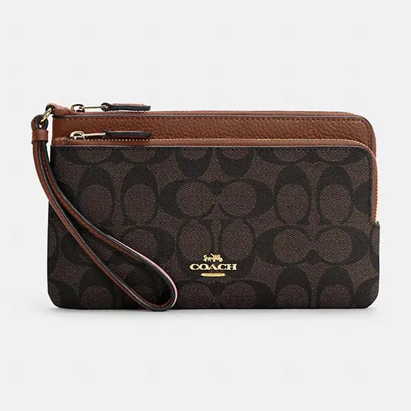 Túi Cầm Tay Nữ Coach Double Zip Wallet In Signature Canvas C5576 Màu Nâu