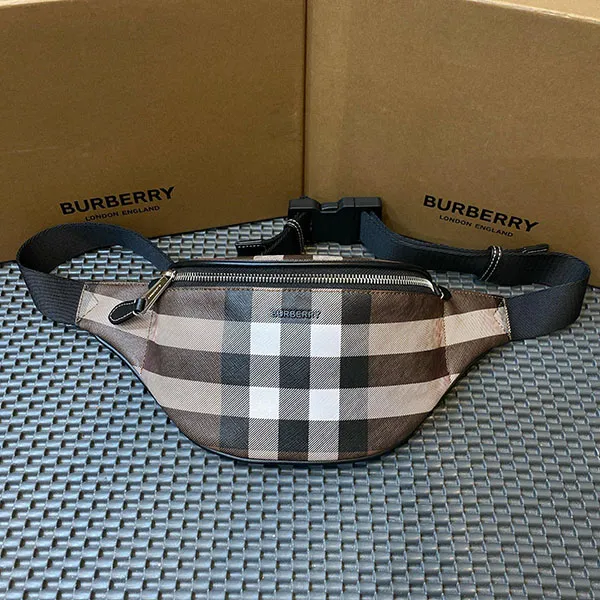 Túi Đeo Chéo Nam Burberry Mini Cason Bumbag Bag Check Logo Leather 8050797 Màu Nâu Kẻ Trắng - 1