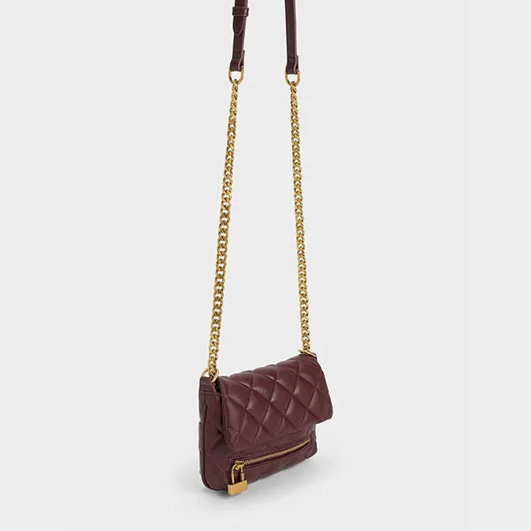 Túi Đeo Chéo Nữ Charles & Keith CNK Mini Swing Quilted Chain-Handle Bag 80271239 Màu Đỏ Burgundy