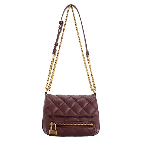 Túi Đeo Chéo Nữ Charles & Keith CNK Mini Swing Quilted Chain-Handle Bag 80271239 Màu Đỏ Burgundy