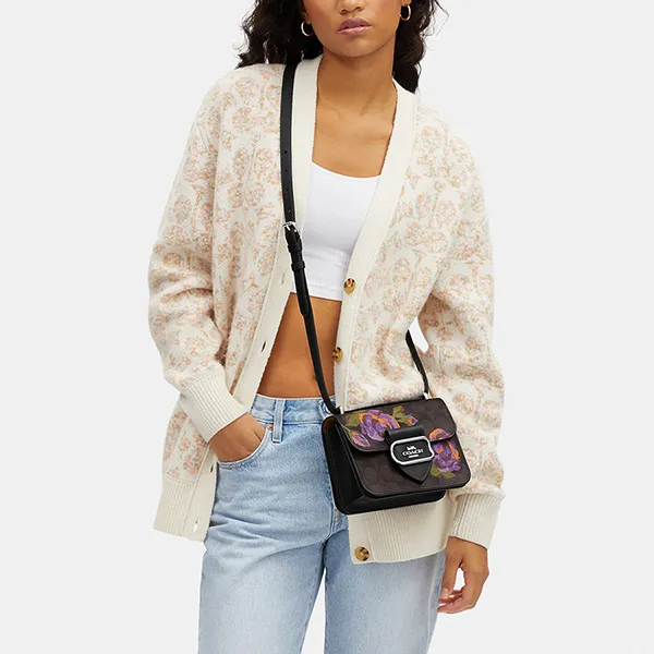 Túi Đeo Chéo Nữ Coach Morgan Square Crossbody In Signature Canvas With Rose Print CL415 Màu Nâu Tím