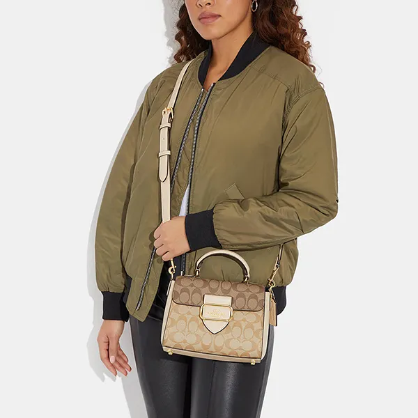 Túi Đeo Chéo Nữ Coach Morgan Top Handle Satchel In Blocked Signature Canvas CH314 Màu Khaki