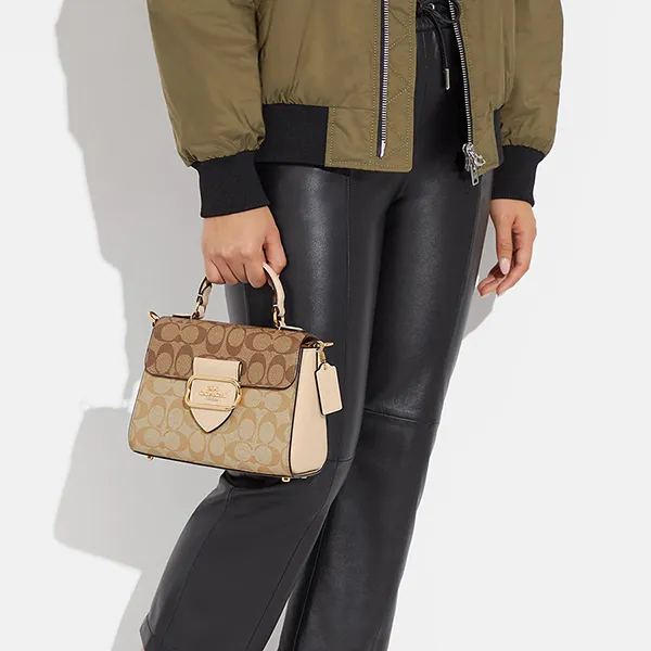 Túi Đeo Chéo Nữ Coach Morgan Top Handle Satchel In Blocked Signature Canvas CH314 Màu Khaki