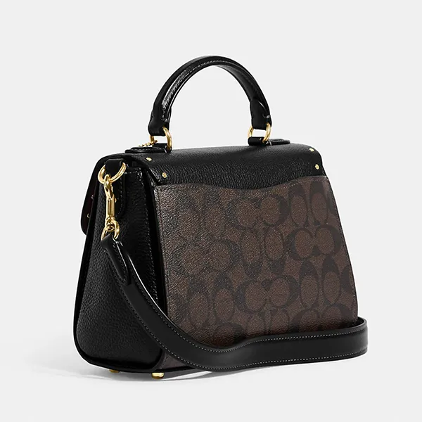 Túi Đeo Chéo Nữ Coach Top Handle Satchel In Colorblock Signature Canvas With Rivets CF322 Màu Nâu/Đen