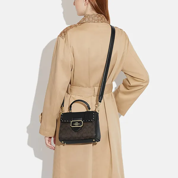 Túi Đeo Chéo Nữ Coach Top Handle Satchel In Colorblock Signature Canvas With Rivets CF322 Màu Nâu/Đen