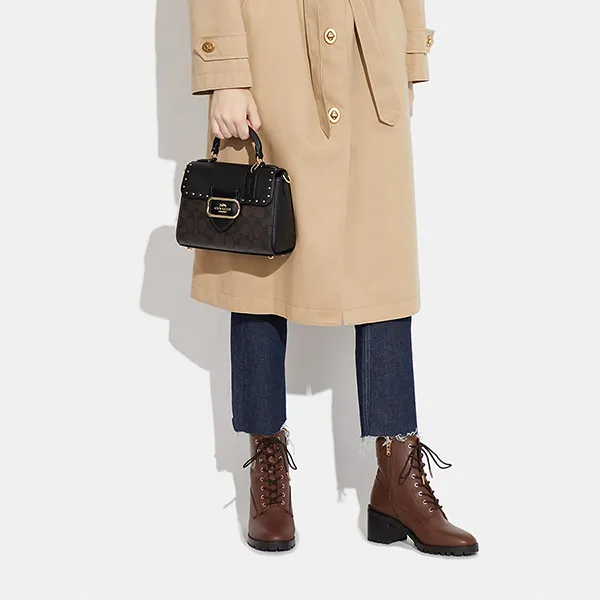 Túi Đeo Chéo Nữ Coach Top Handle Satchel In Colorblock Signature Canvas With Rivets CF322 Màu Nâu/Đen