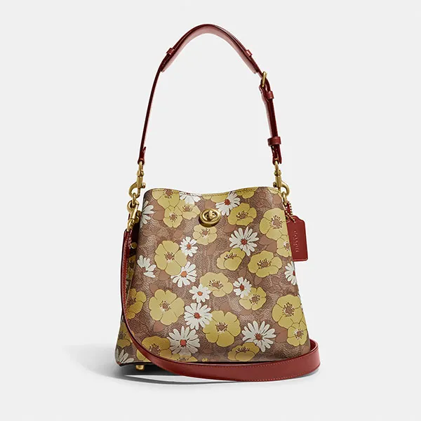 Túi Đeo Chéo Nữ Coach Willow Bucket Bag In Signature Canvas With Floral Print C9722 Màu Nâu Vàng
