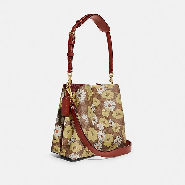 Túi Đeo Chéo Nữ Coach Willow Bucket Bag In Signature Canvas With Floral Print C9722 Màu Nâu Vàng