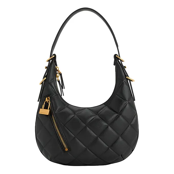 Túi Đeo Vai Nữ Charles & Keith CNK Swing Padlock Quilted Crescent Bag 40271240 Màu Đen