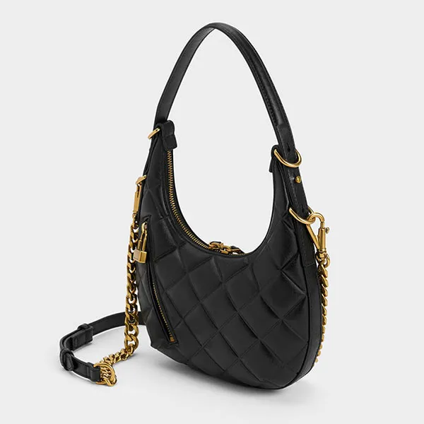 Túi Đeo Vai Nữ Charles & Keith CNK Swing Padlock Quilted Crescent Bag 40271240 Màu Đen