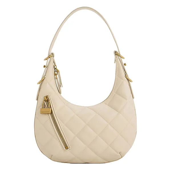Túi Đeo Vai Nữ Charles & Keith CNK Swing Padlock Quilted Crescent Bag 40271240 Màu Beige