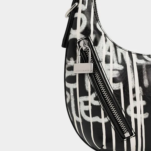 Túi Đeo Vai Nữ Charles & Keith CNK Swing Padlock Quilted Crescent Bag 40271240 Màu Đen Trắng
