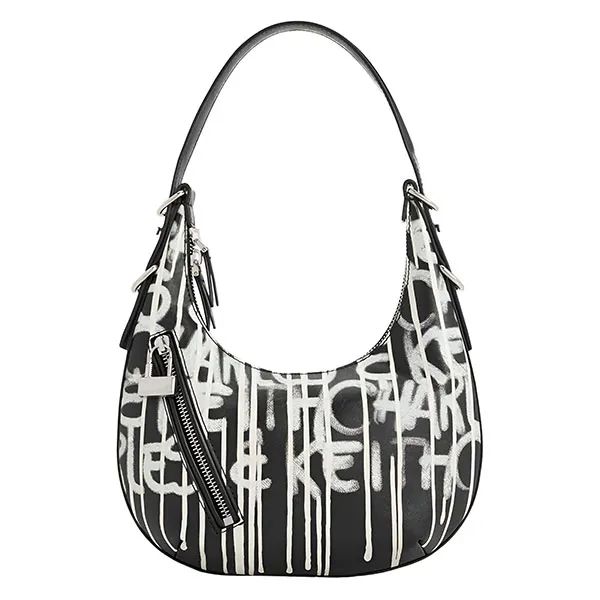 Túi Đeo Vai Nữ Charles & Keith CNK Swing Padlock Quilted Crescent Bag 40271240 Màu Đen Trắng