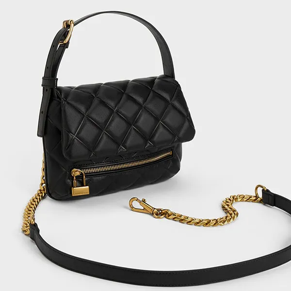 Túi Xách Nữ Charles & Keith CNK Swing Quilted Chain-Handle Bag 20271238 Màu Đen