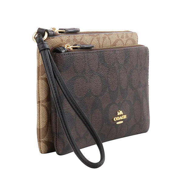 Ví Nữ Coach Double Zip Wallet In Blocked Signature Canvas C7313 Màu Nâu Khaki