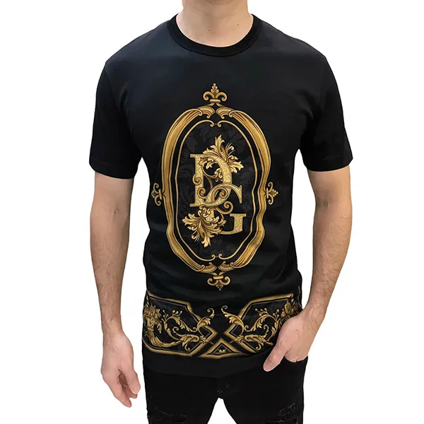 Áo Phông Nam Dolce & Gabbana D&G With DG Baroque Logo Black Gold Tshirt G8KBAT Màu Đen Size 44