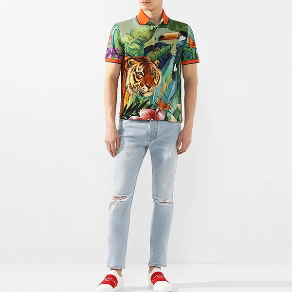 Áo Polo Nam Dolce & Gabbana D&G Print Short Sleeved Shirt G8LB0TFI7VB Màu Xanh Họa Tiết Size 44