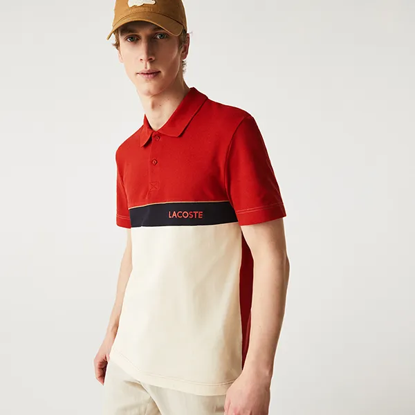 Áo Polo Nam Lacoste Men's Regular Fit Color-Block Cotton Piqué Polo PH9766 LA0 Màu Be/Đỏ Size 3