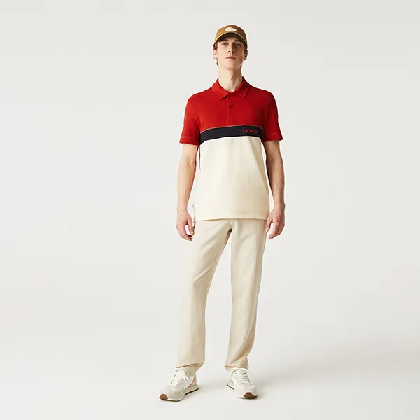 Áo Polo Nam Lacoste Men's Regular Fit Color-Block Cotton Piqué Polo PH9766 LA0 Màu Be/Đỏ Size 3