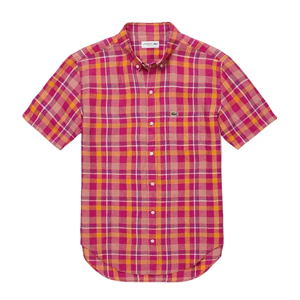 Áo Sơ Mi Cộc Tay Nam Lacoste Men's Linen Check Short Sleeve Button Down Shirt CH5665L 6CJ Màu Kẻ Hồng Size 38