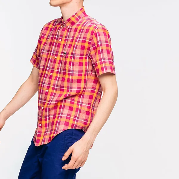 Áo Sơ Mi Cộc Tay Nam Lacoste Men's Linen Check Short Sleeve Button Down Shirt CH5665L 6CJ Màu Kẻ Hồng Size 38