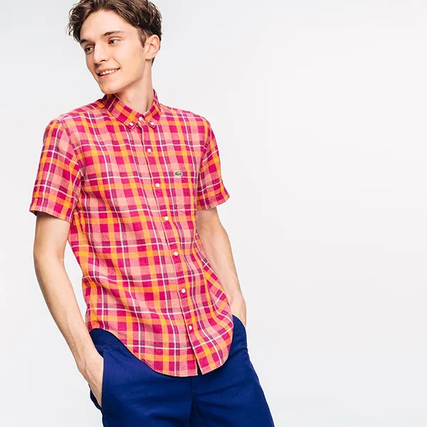 Áo Sơ Mi Cộc Tay Nam Lacoste Men's Linen Check Short Sleeve Button Down Shirt CH5665L 6CJ Màu Kẻ Hồng Size 38