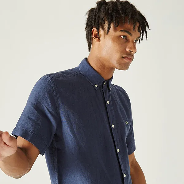 Áo Sơ Mi Cộc Tay Nam Lacoste Men's Regular Fit Linen Shirt CH4991 166 Màu Xanh Navy Size 38