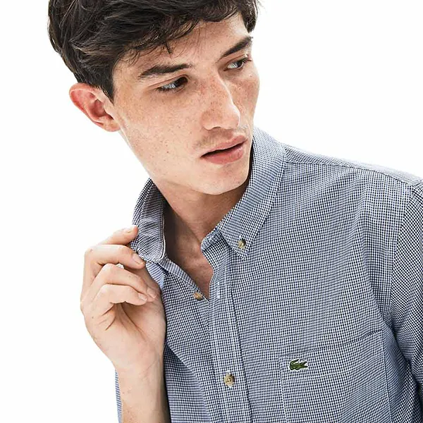 Áo Sơ Mi Cộc Tay Nam Lacoste Regular Fit Gingham Cotton Shirt CH0004 00 0Y1 Màu Xanh Kẻ 38