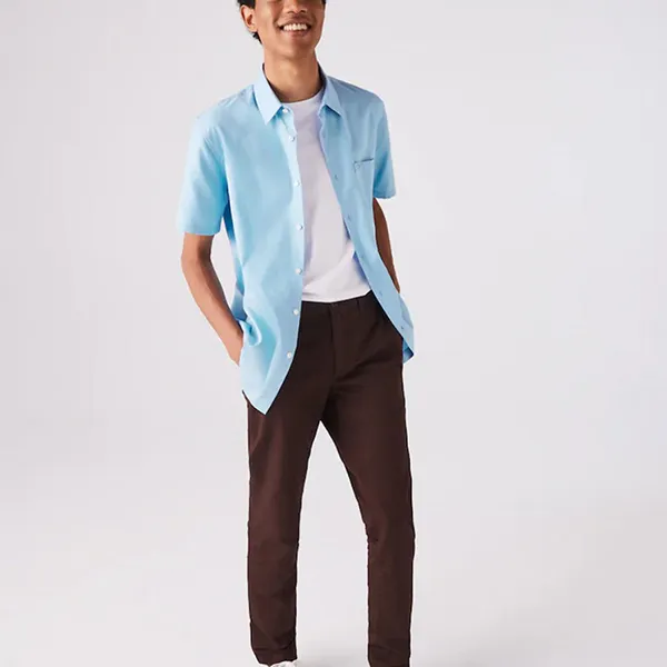Áo Sơ Mi Cộc Tay Nam Lacoste Regular Fit Pique Cotton Poplin Short Sleeve Shirt Blue CH2741 00 HBP Màu Xanh Da Trời Size 39