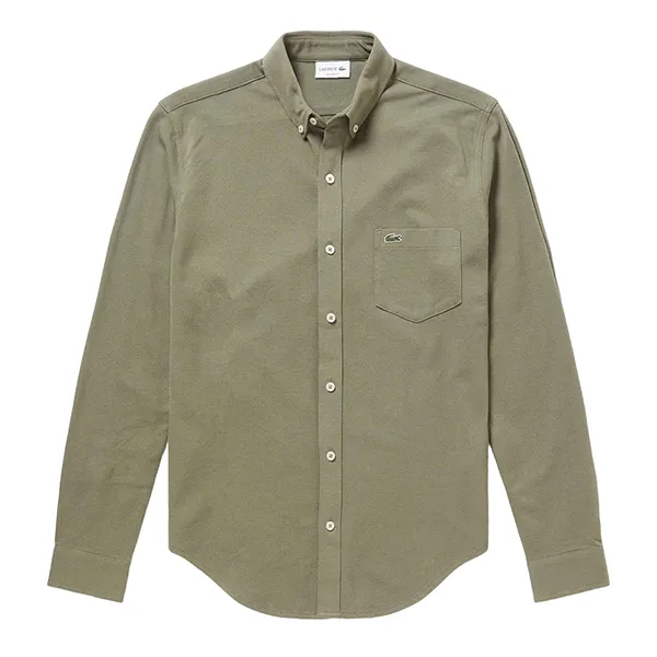 Áo Sơ Mi Dài Tay Nam Lacoste Men's Cotton And Linen Pique Long Sleeve Button Down Shirt CH6650L 316 Màu Xanh Olive Size 38
