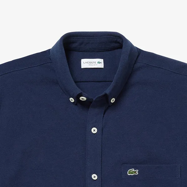 Áo Sơ Mi Dài Tay Nam Lacoste Men's Cotton And Linen Pique Long Sleeve Button Down Shirt CH6650L 78X Màu Xanh Navy Size 38
