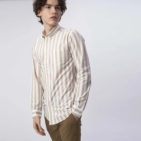 Áo Sơ Mi Dài Tay Nam Lacoste Men's Slim Fit Striped Business Shirt CH705EL Z1S Màu Be Size 2