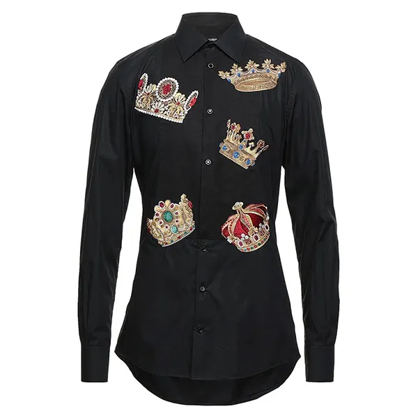 Áo Sơ Mi Nam Dolce & Gabbana D&G Crown Print Fitted Shirt G5GB4Z Màu Đen Họa Tiết Size 40