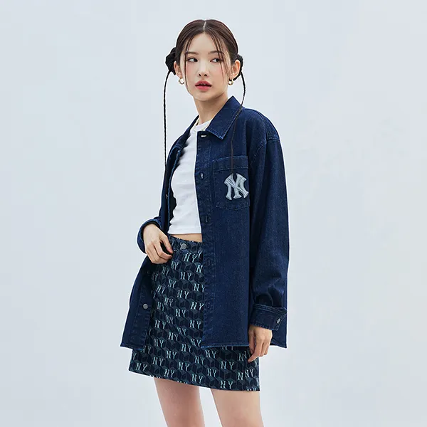 Áo Sơ Mi MLB Denim Cube Monogram Big Lux New York Yankees 3ADRM0434-50NYD Màu Xanh Navy