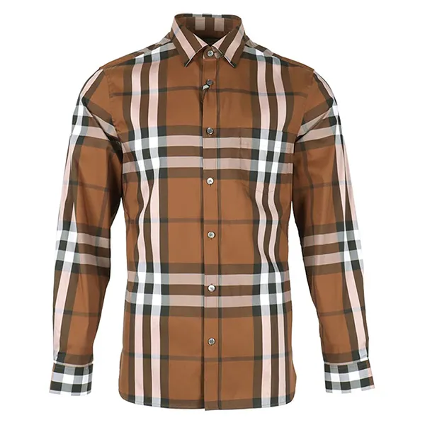Áo Sơ Mi Nam Burberry Check Stretch Cotton Poplin Shirt Russet Brown 8004535 Màu Nâu Size L - 2