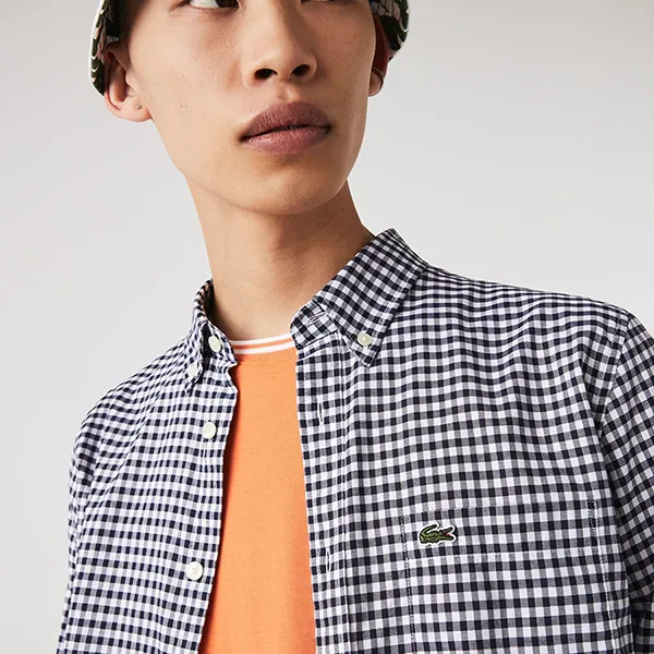 Áo Sơ Mi Dài Tay Nam Lacoste Men's Regular Fit Gingham Print Cotton Poplin Shirt CH5267 522 Màu Trắng/Xanh Navy Size 40