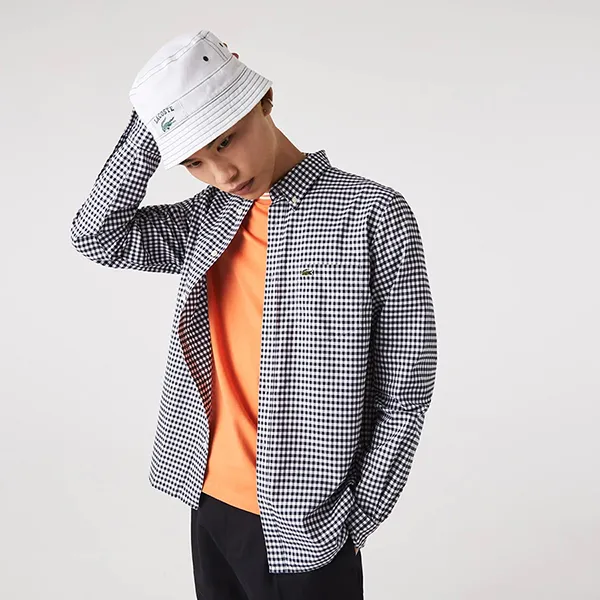 Áo Sơ Mi Dài Tay Nam Lacoste Men's Regular Fit Gingham Print Cotton Poplin Shirt CH5267 522 Màu Trắng/Xanh Navy Size 40