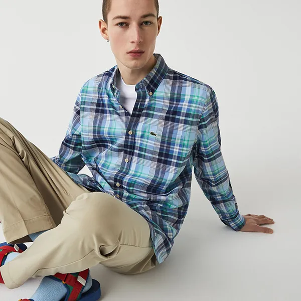 Áo Sơ Mi Nam Lacoste Men's Regular Fit Check Stretch Cotton Shirt CH2603 00 51W Màu Kẻ Xanh Caro Size 38