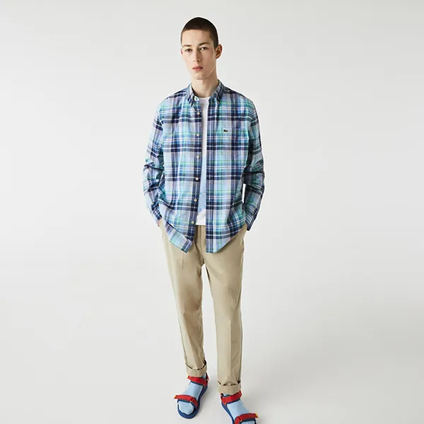 Áo Sơ Mi Nam Lacoste Men's Regular Fit Check Stretch Cotton Shirt CH2603 00 51W Màu Kẻ Xanh Caro Size 38