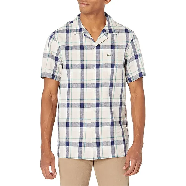 Áo Sơ Mi Nam Lacoste Short Sleeve Plaid Relaxed Fit Woven Shirt CH0960 51 3DC PC05 Màu Be Kẻ Xanh Size S