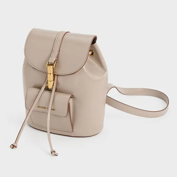 Balo Nữ Charles & Keith CNK Cesia Metallic Accent Backpack Taupe 60151332 Màu Be