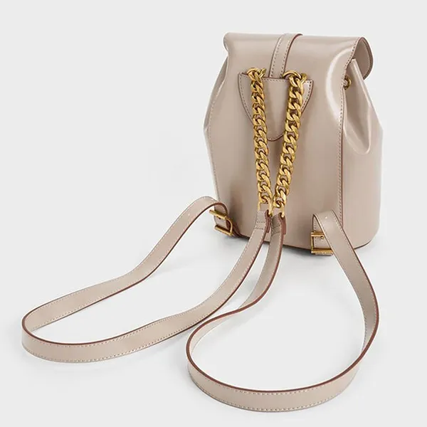 Balo Nữ Charles & Keith CNK Cesia Metallic Accent Backpack Taupe 60151332 Màu Be
